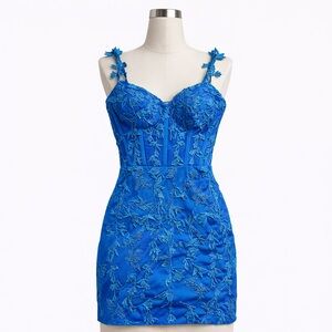 Electric Blue Fairy Embroidered Lace Mini Dress